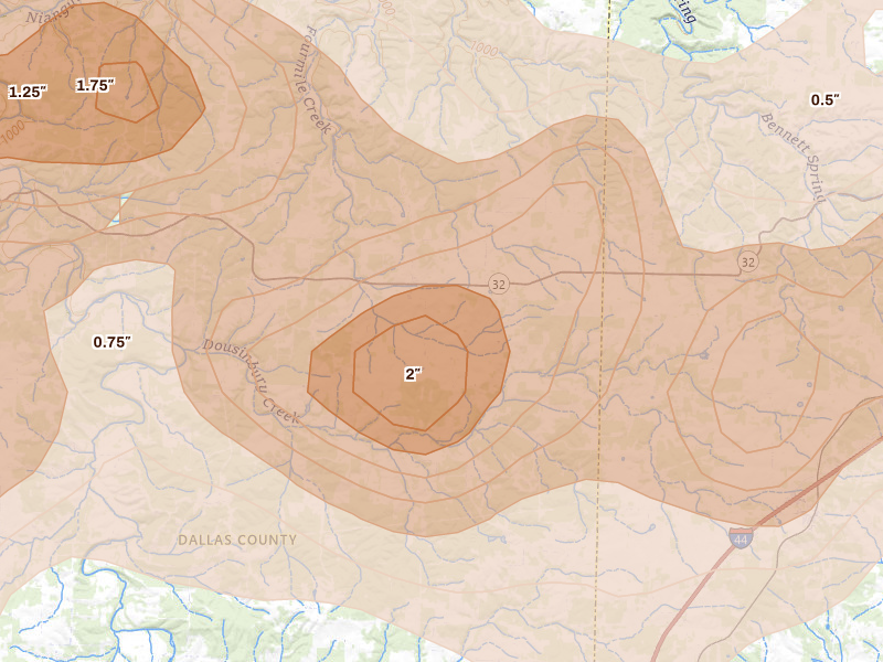 Radar-estimated hail-size map of the storm over Long Lane, MO on Apr 26, 2026