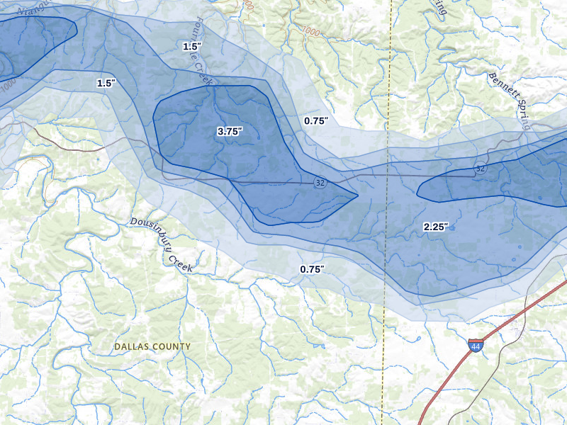 NEXRAD radar-signature map of the hail over Long Lane, MO