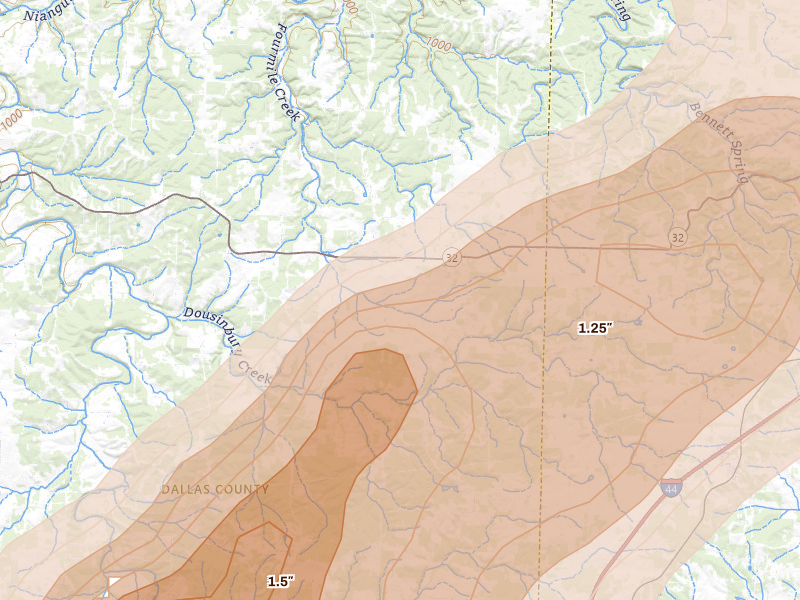 Radar-estimated hail-size map of the storm over Long Lane, MO on Apr 28, 2026