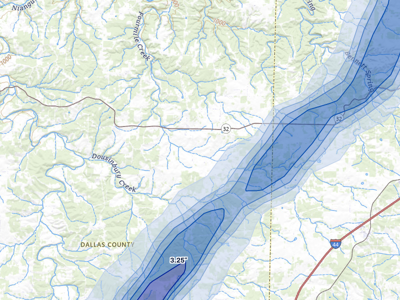 NEXRAD radar-signature map of the hail storm over Long Lane, MO on Apr 28, 2026