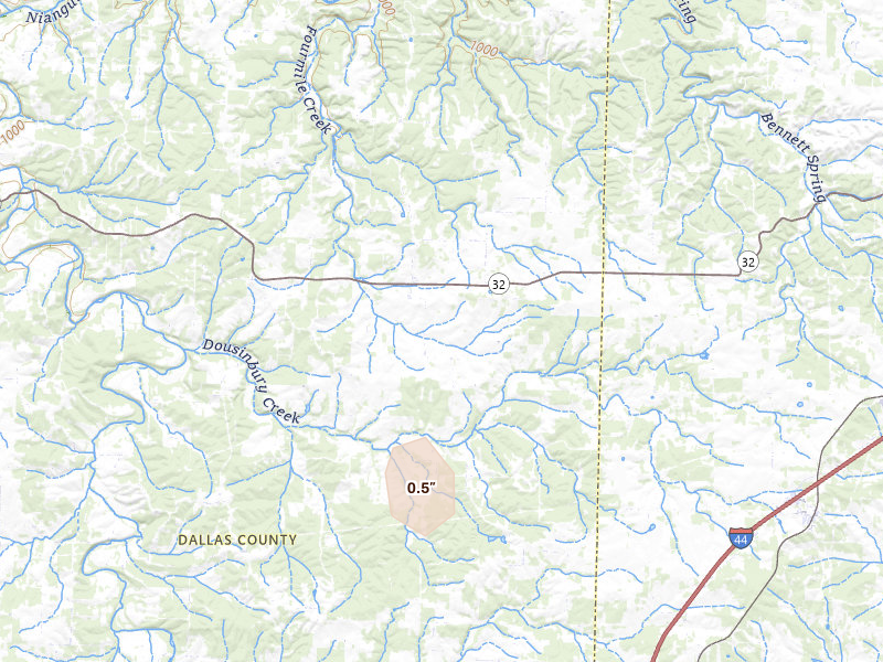 Radar-estimated hail-size map of the storm over Long Lane, MO on May 30, 2026