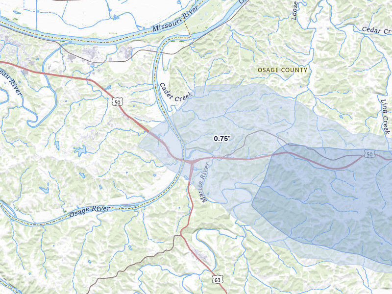 NEXRAD radar-signature map of the hail over Loose Creek, MO