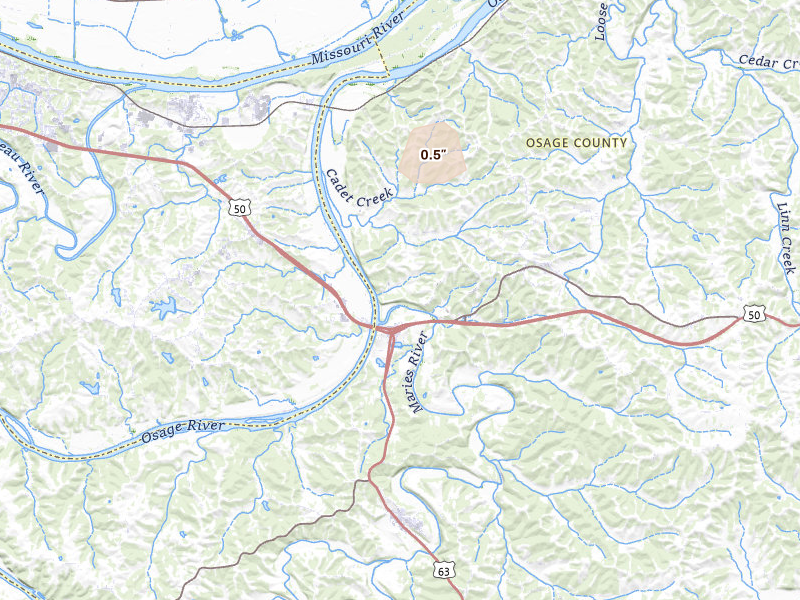 Radar-estimated hail-size map of the storm over Loose Creek, MO on May 30, 2026