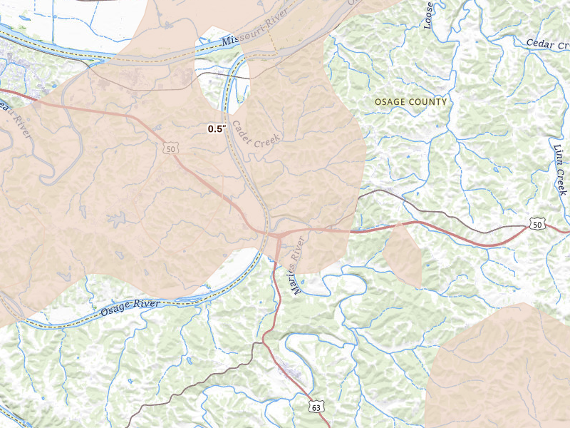 Radar-estimated hail-size map of the storm over Loose Creek, MO on May 31, 2026