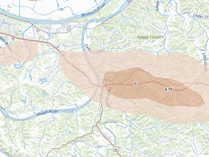Radar-estimated hail-size map of the storm over Loose Creek, MO on Jul 9, 2026
