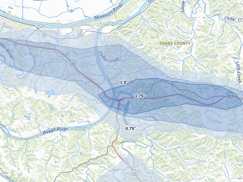 NEXRAD radar-signature map of the hail storm over Loose Creek, MO on Jul 9, 2026