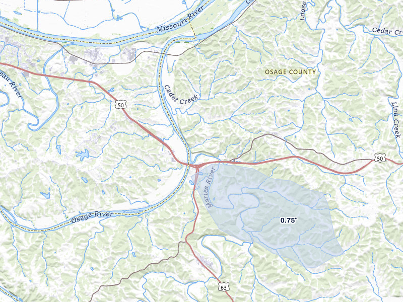 NEXRAD radar-signature map of the hail storm over Loose Creek, MO on Jul 31, 2026