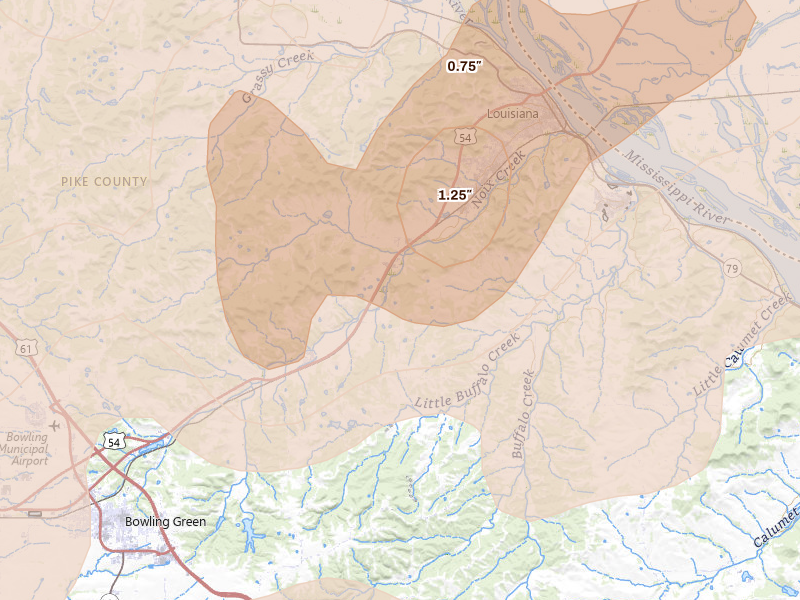 Radar-estimated hail-size map of the storm over Louisiana, MO on Apr 27, 2026