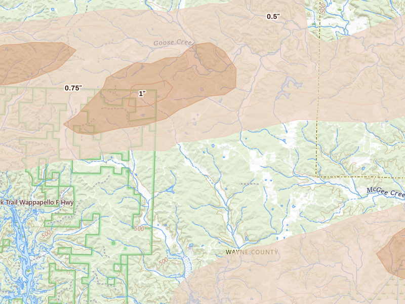 Radar-estimated hail-size map of the storm over Lowndes, MO