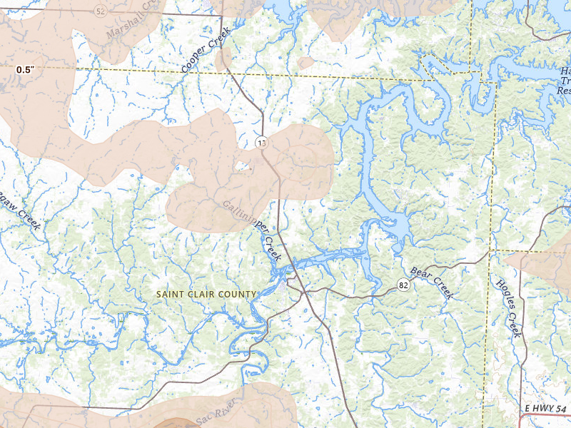 Radar-estimated hail-size map of the storm over Lowry City, MO on Apr 26, 2026