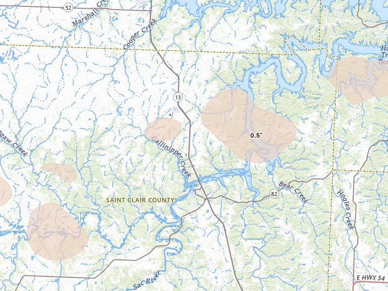 Radar-estimated hail-size map of the storm over Lowry City, MO on Jul 4, 2026