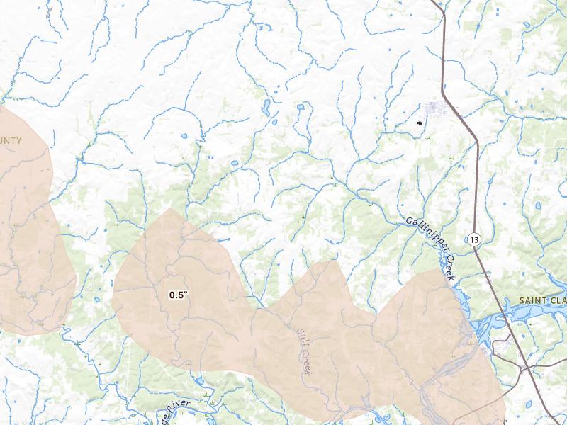 Radar-estimated hail-size map of the storm over Lowry City, MO on Aug 5, 2026