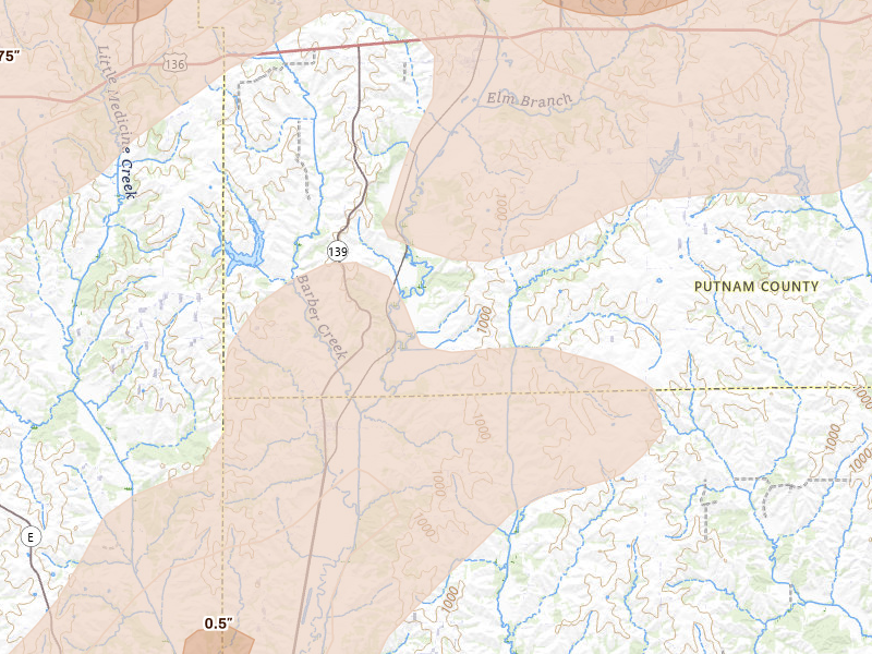 Radar-estimated hail-size map of the storm over Lucerne, MO on Apr 17, 2026