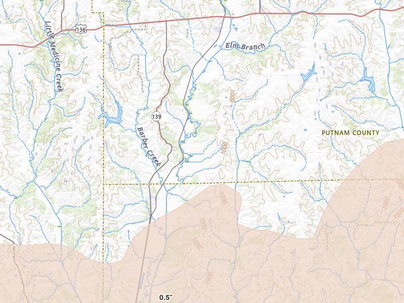 Radar-estimated hail-size map of the storm over Lucerne, MO on May 16, 2026