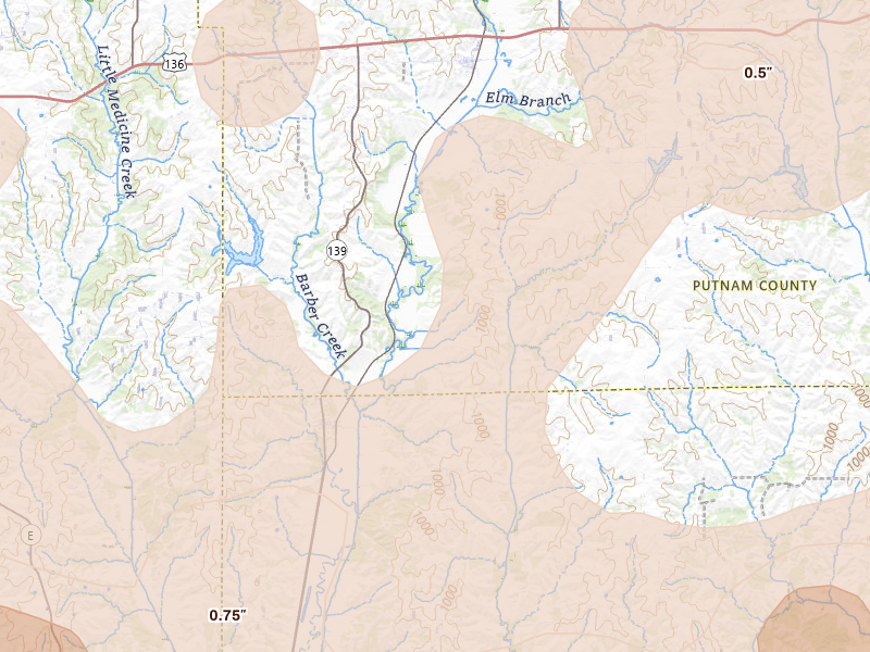 Radar-estimated hail-size map of the storm over Lucerne, MO on Jun 10, 2026