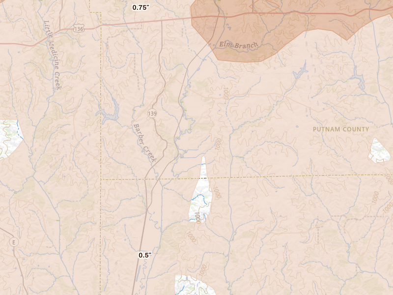Radar-estimated hail-size map of the storm over Lucerne, MO on Jun 11, 2026
