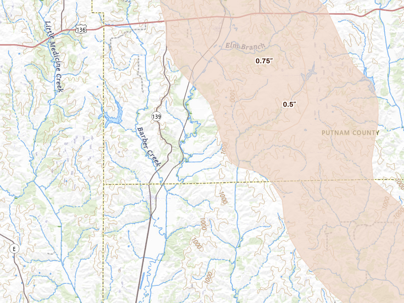 Radar-estimated hail-size map of the storm over Lucerne, MO on Jul 20, 2026