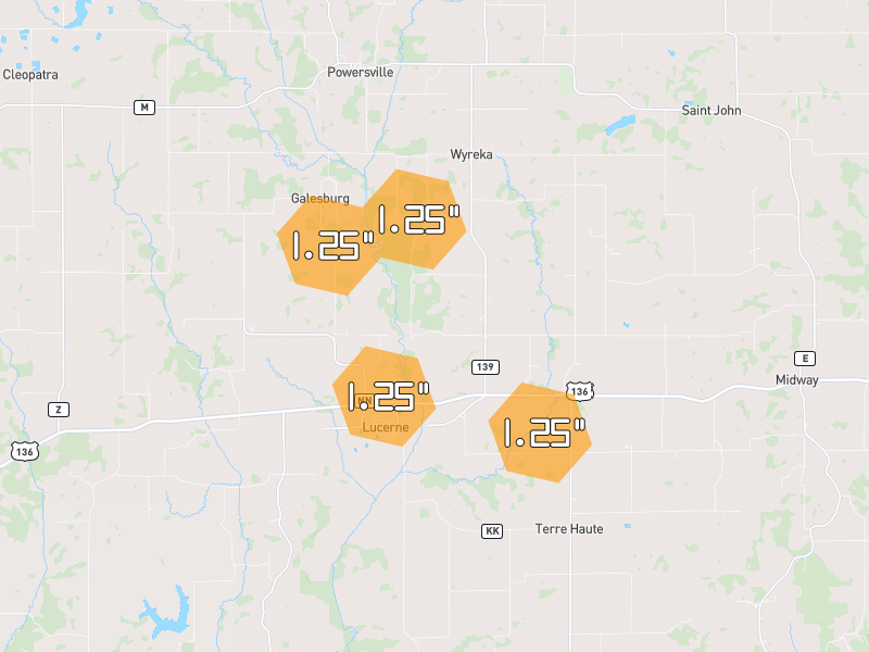 Hail map of Lucerne, MO on Jul 21, 2026, hail up to 1.25"