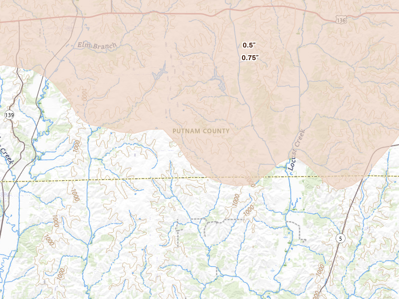 Radar-estimated hail-size map of the storm over Lucerne, MO on Aug 4, 2026