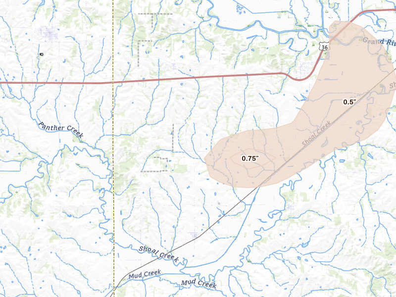 Radar-estimated hail-size map of the storm over Ludlow, MO on May 16, 2026
