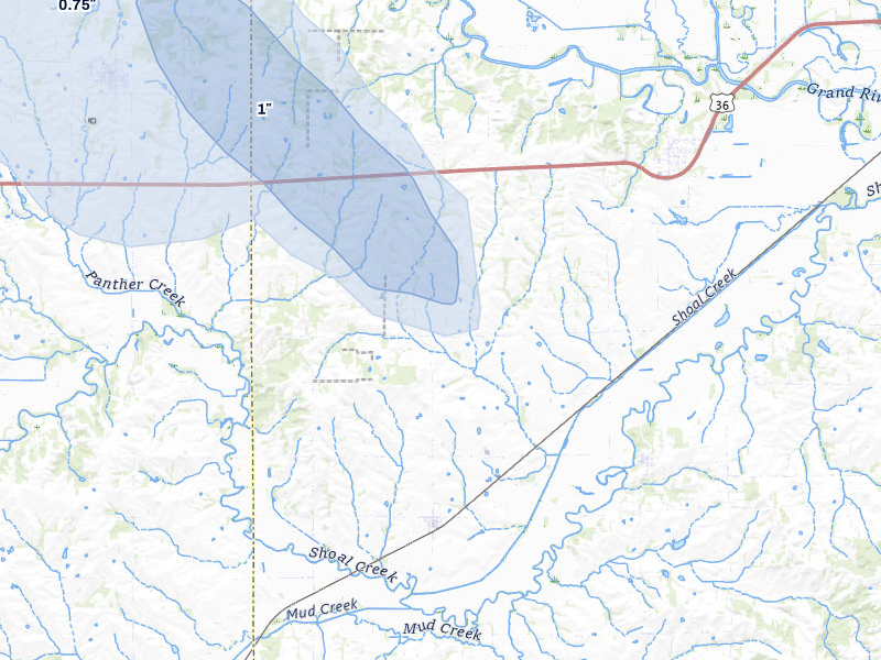 NEXRAD radar-signature map of the hail storm over Ludlow, MO on Jul 20, 2026