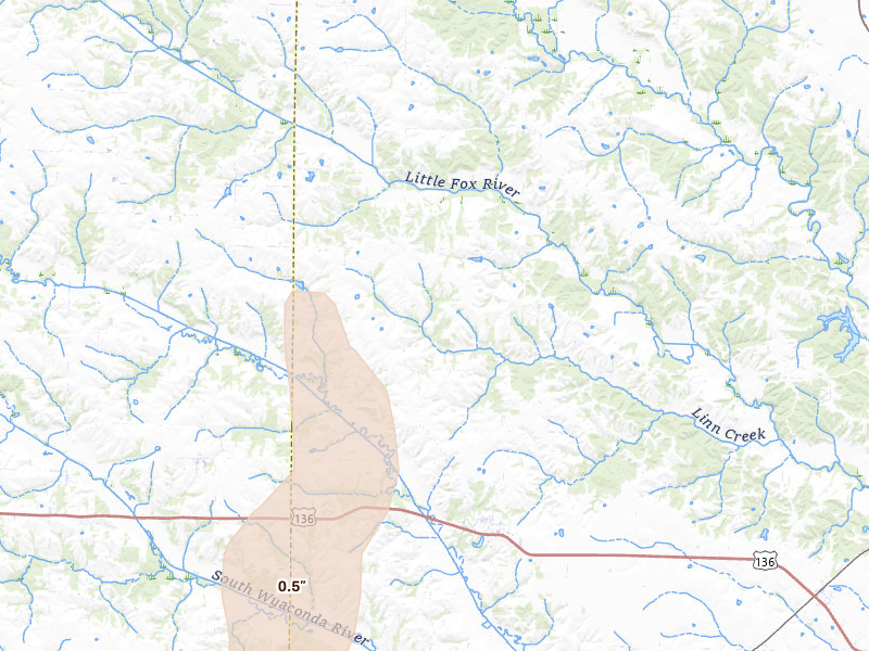 Radar-estimated hail-size map of the storm over Luray, MO on May 16, 2026