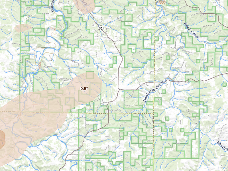 Radar-estimated hail-size map of the storm over Lynchburg, MO on Mar 4, 2026