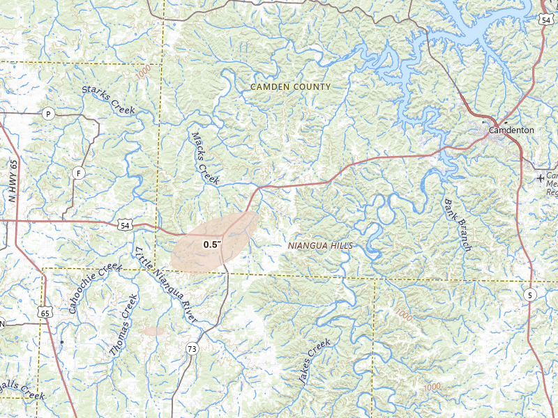 Radar-estimated hail-size map of the storm over Macks Creek, MO