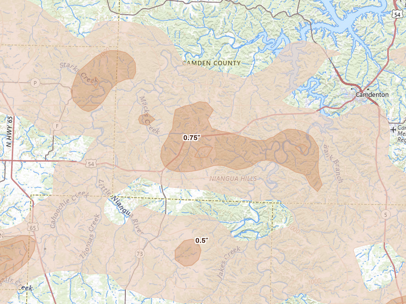 Radar-estimated hail-size map of the storm over Macks Creek, MO on Apr 26, 2026
