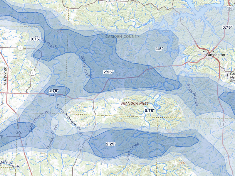NEXRAD radar-signature map of the hail over Macks Creek, MO
