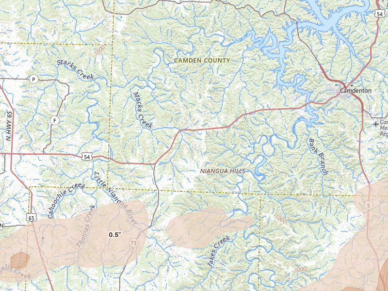 Radar-estimated hail-size map of the storm over Macks Creek, MO on Apr 28, 2026