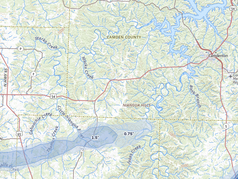 NEXRAD radar-signature map of the hail storm over Macks Creek, MO on Apr 28, 2026