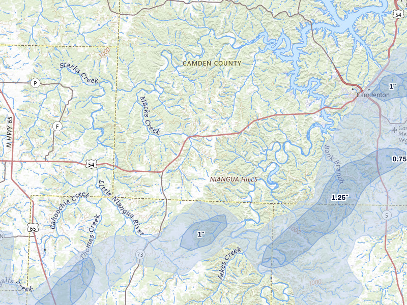 NEXRAD radar-signature map of the hail storm over Macks Creek, MO on May 18, 2026