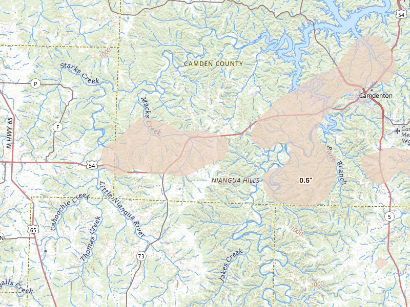 Radar-estimated hail-size map of the storm over Macks Creek, MO on May 31, 2026