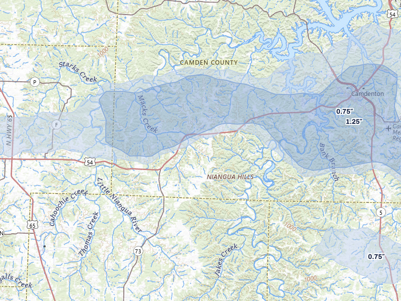 NEXRAD radar-signature map of the hail storm over Macks Creek, MO on May 31, 2026