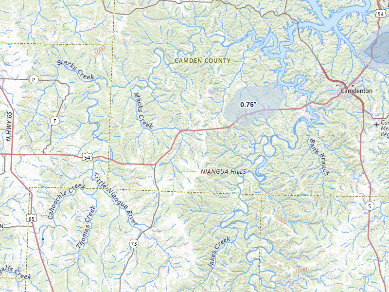 NEXRAD radar-signature map of the hail storm over Macks Creek, MO on Jul 10, 2026
