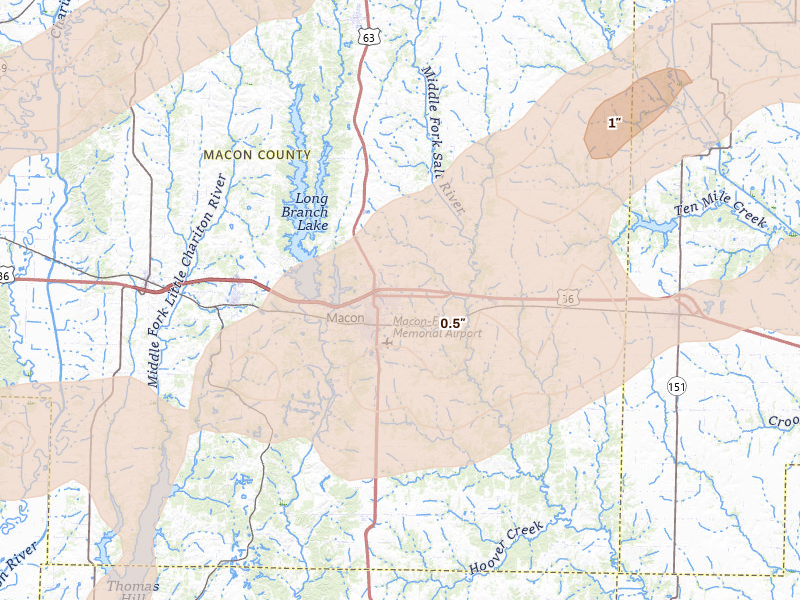 Radar-estimated hail-size map of the storm over Macon, MO on Mar 10, 2026