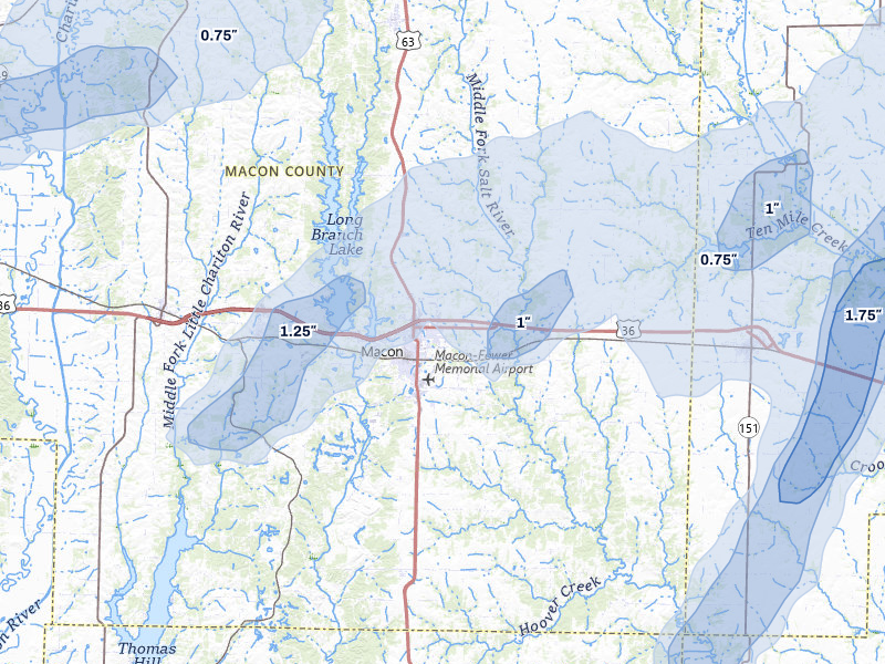 NEXRAD radar-signature map of the hail over Macon, MO