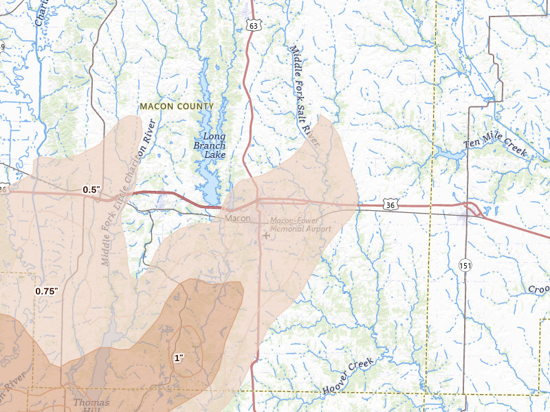 Radar-estimated hail-size map of the storm over Macon, MO on Apr 26, 2026