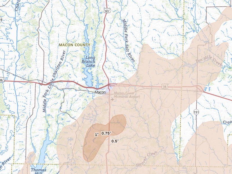 Radar-estimated hail-size map of the storm over Macon, MO on Apr 27, 2026