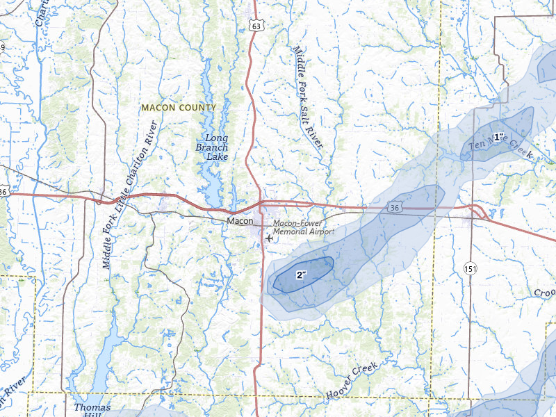 NEXRAD radar-signature map of the hail over Macon, MO