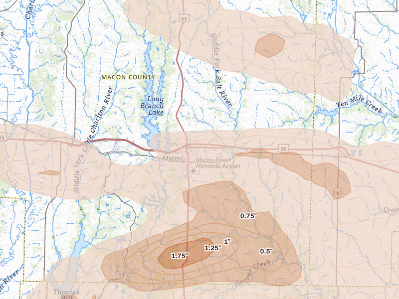 Radar-estimated hail-size map of the storm over Macon, MO on May 4, 2026