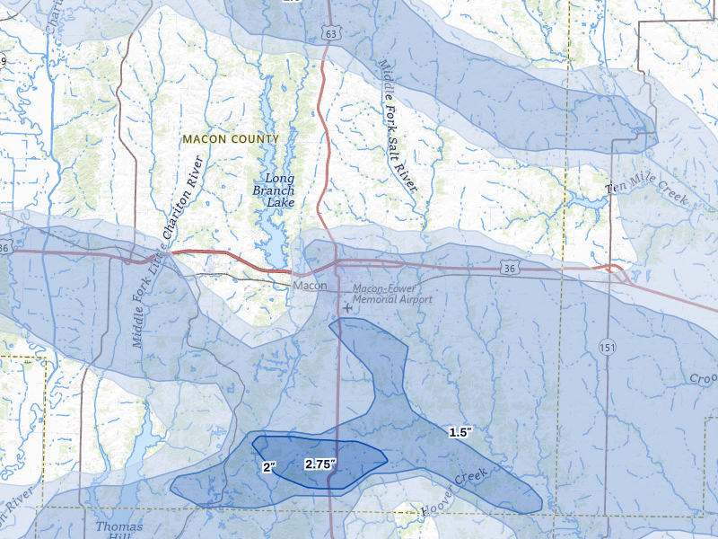 NEXRAD radar-signature map of the hail storm over Macon, MO on May 4, 2026