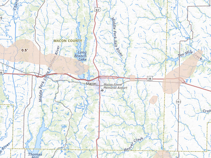 Radar-estimated hail-size map of the storm over Macon, MO on Jun 10, 2026