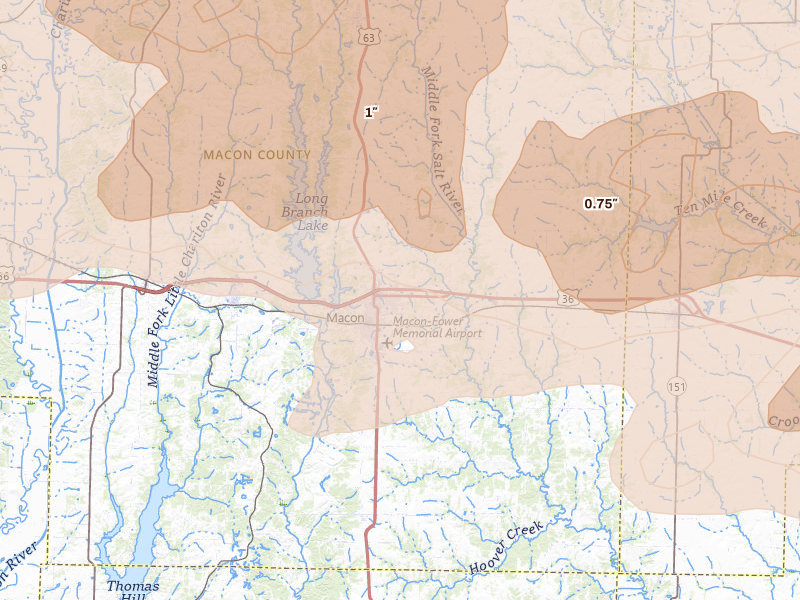 Radar-estimated hail-size map of the storm over Macon, MO on Jun 11, 2026