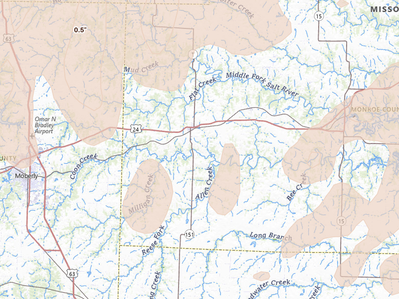 Radar-estimated hail-size map of the storm over Madison, MO on Apr 27, 2026