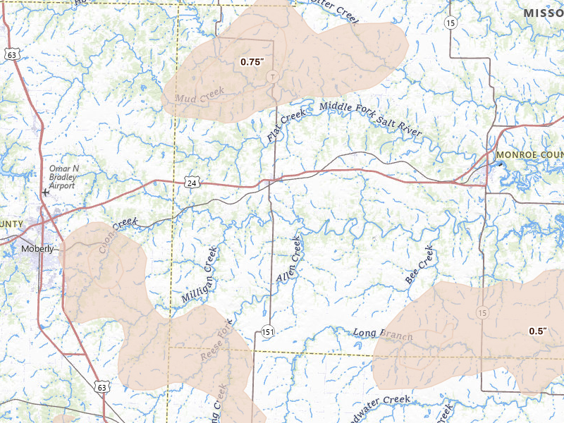 Radar-estimated hail-size map of the storm over Madison, MO on May 31, 2026