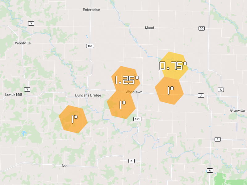 Hail map of Madison, MO on Jun 1, 2026, hail up to 1.25"