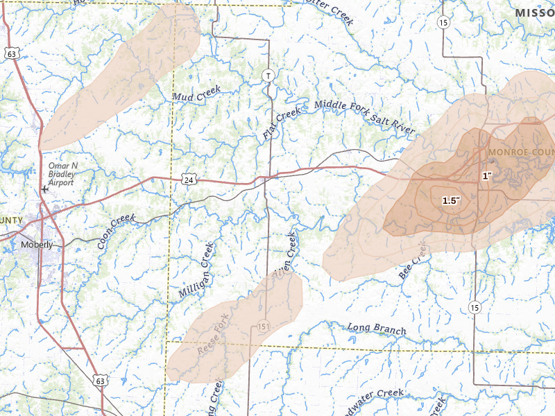 Radar-estimated hail-size map of the storm over Madison, MO on Jun 10, 2026