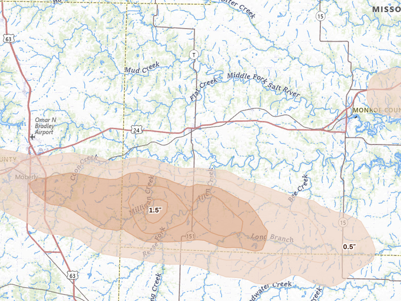 Radar-estimated hail-size map of the storm over Madison, MO on Jun 17, 2026